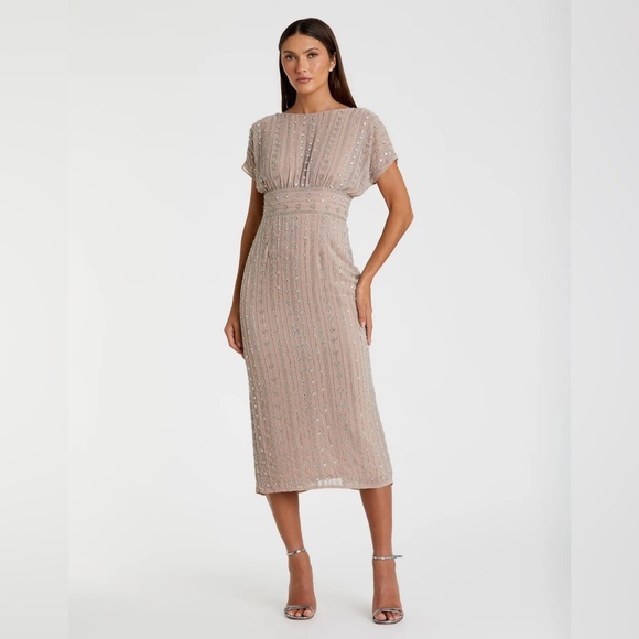 Beaded Cap Sleeve Column Midi Dress - Picture 1 of 13